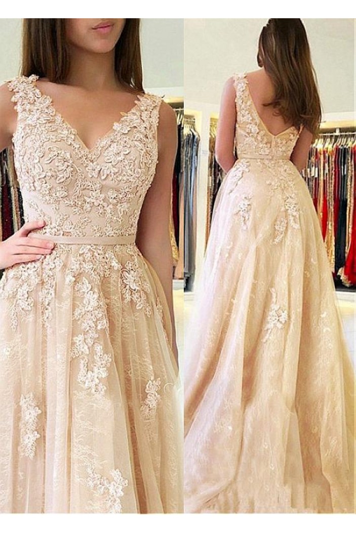 A-Line V-Neck Lace Long Prom Dresses Formal Evening Dresses 601229