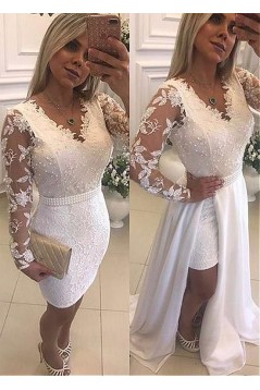 Long Sleeves Beaded V-Neck Lace White Prom Dresses Formal Evening Dresses 601230