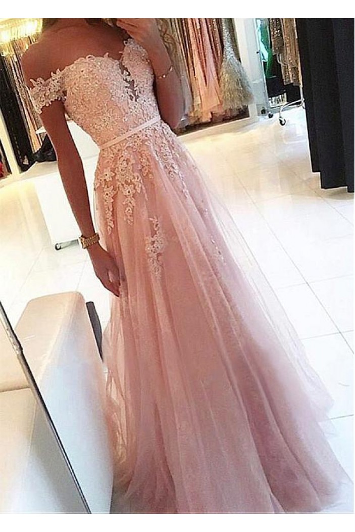 A-Line Lace Tulle Off-the-Shoulder Long Prom Dresses Formal Evening Dresses 601232