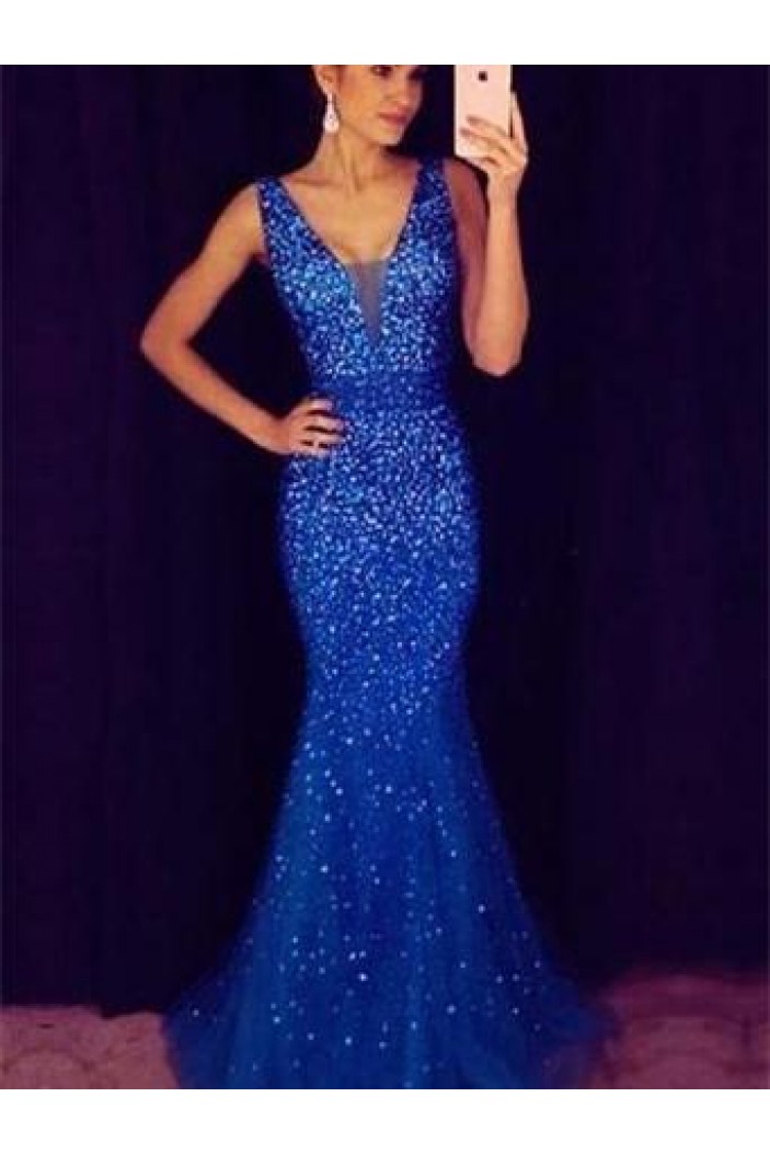 Mermaid V-Neck Beaded Long Prom Dresses Formal Evening Dresses 601239