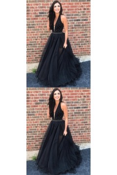 A-Line V-Neck Beaded Black Long Prom Dresses Formal Evening Dresses 601241