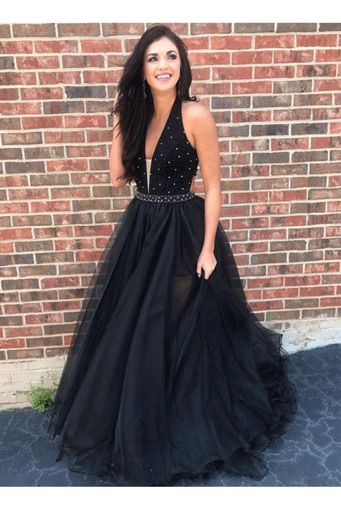 A-Line V-Neck Beaded Black Long Prom Dresses Formal Evening Dresses 601241