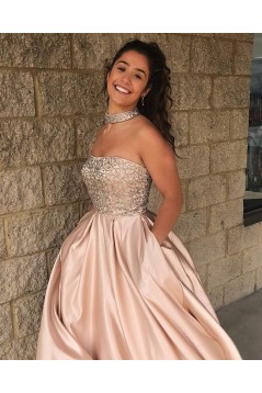 A-Line Strapless Beaded Long Prom Dresses Formal Evening Dresses 601261