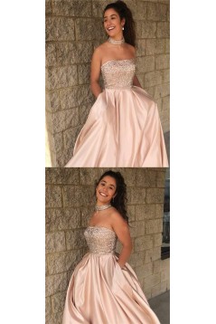 A-Line Strapless Beaded Long Prom Dresses Formal Evening Dresses 601261