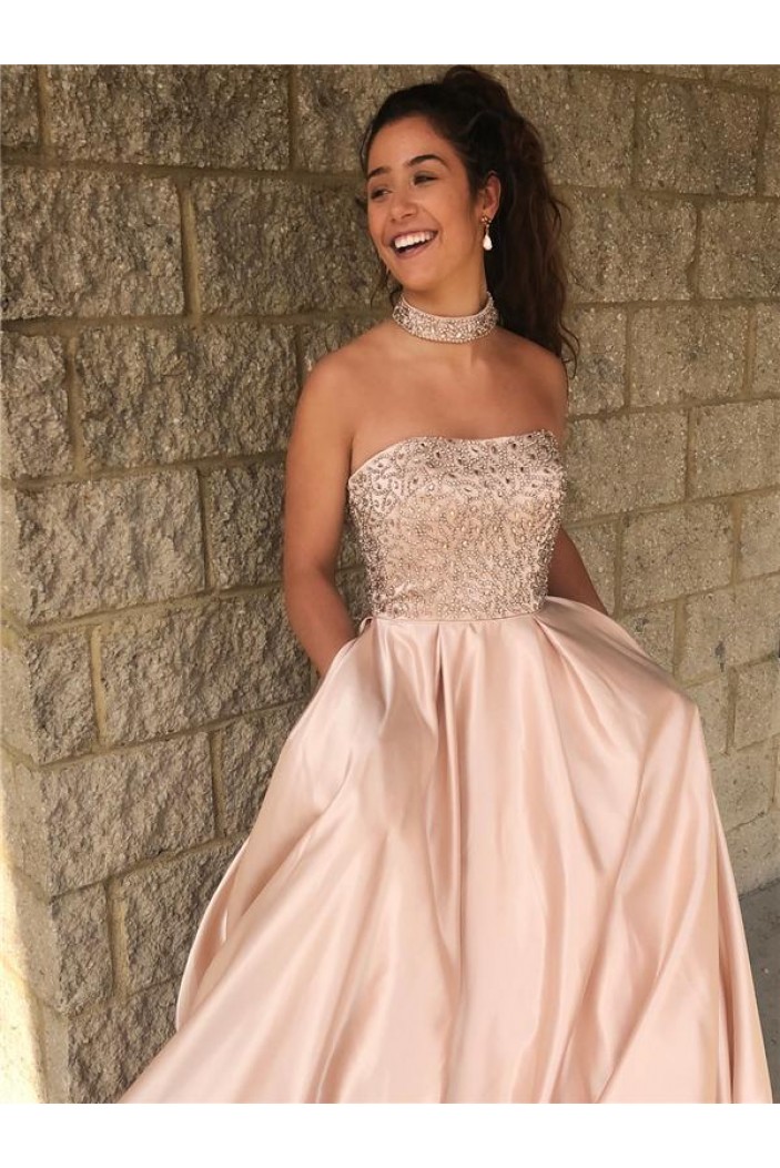 A-Line Strapless Beaded Long Prom Dresses Formal Evening Dresses 601261