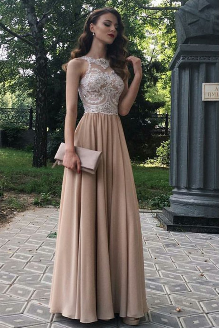 A-Line Beaded Lace Chiffon Long Prom Dresses Formal Evening Dresses 601269