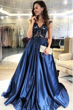 A-Line V-Neck Lace Long Prom Dresses Formal Evening Dresses 601273