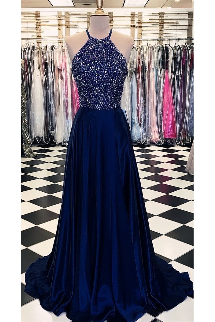 A-Line Halter Beaded Long Prom Dresses Formal Evening Dresses 601278