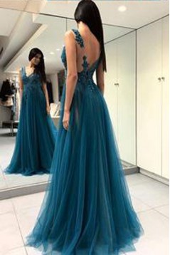 A-Line Beaded Lace Tulle Long Prom Dresses Formal Evening Dresses 601284