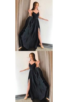 A-Line Spaghetti Straps Lace Long Black Prom Dresses Formal Evening Dresses 601285