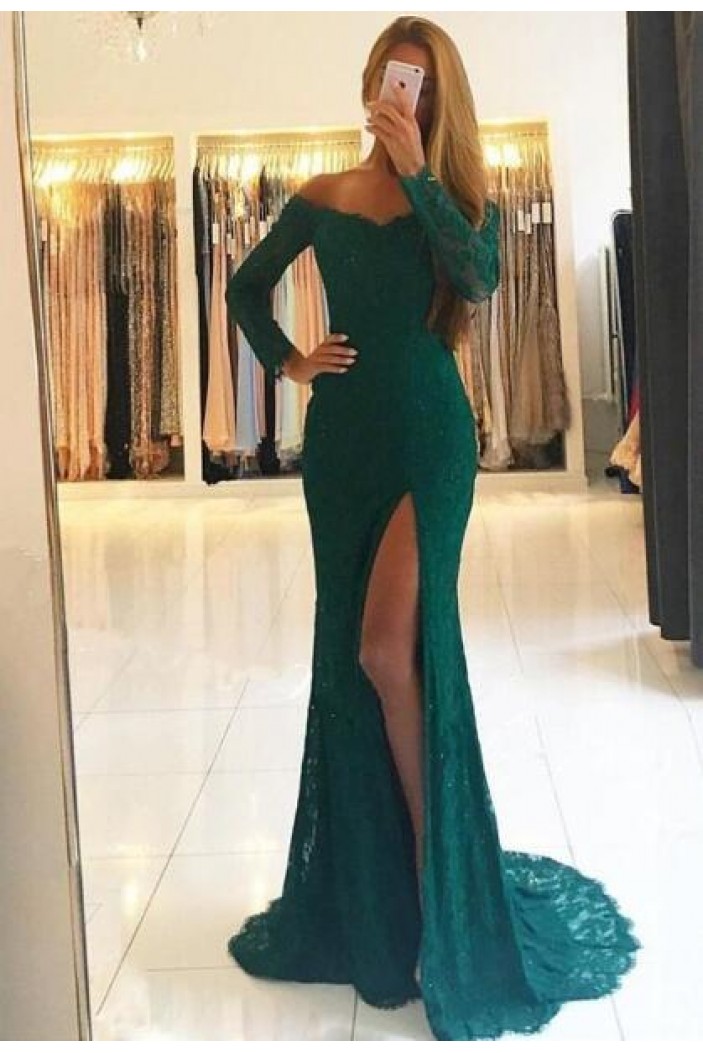 Mermaid Off-the-Shoulder Lace Long Sleeves Prom Dresses Formal Evening Dresses 601288