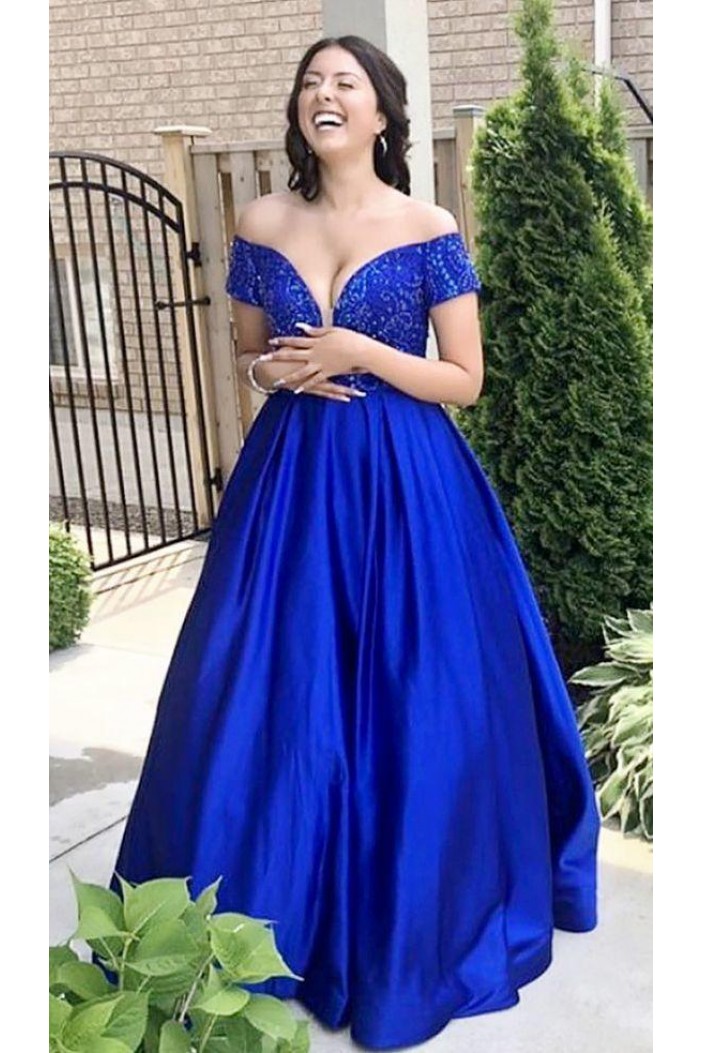 Ball Gown Off-the-Shoulder Beaded Long Prom Dresses Formal Evening Dresses 601292