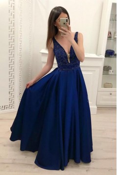 A-Line V-Neck Beaded Long Prom Dresses Formal Evening Dresses 601297