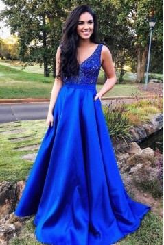 A-Line V-Neck Beaded Long Prom Dresses Formal Evening Dresses 601298