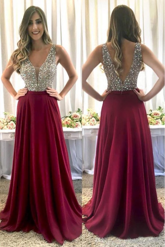A-Line Beaded Long Prom Dresses Formal Evening Dresses 601300