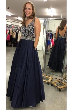 A-Line Beaded V-Neck Long Prom Dresses Formal Evening Dresses 601311