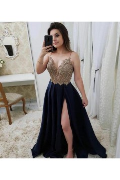 A-Line Beaded Lace V-Neck Long Prom Dresses Formal Evening Dresses 601321