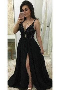 A-Line Beaded Lace Chiffon Long Black Prom Dresses Formal Evening Dresses 601322