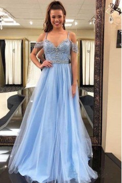 A-Line Beaded Long Prom Dresses Formal Evening Dresses 601329