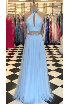A-Line Beaded Two Pieces Long Prom Dresses Formal Evening Dresses 601334