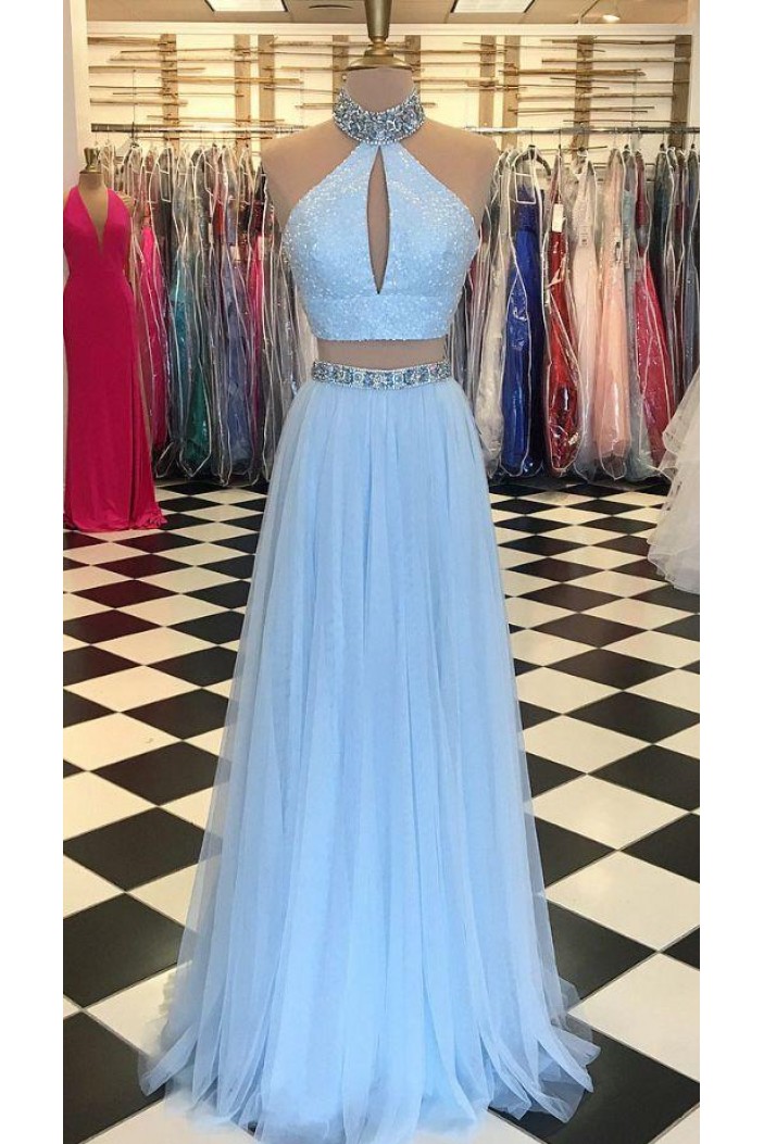 A-Line Beaded Two Pieces Long Prom Dresses Formal Evening Dresses 601334