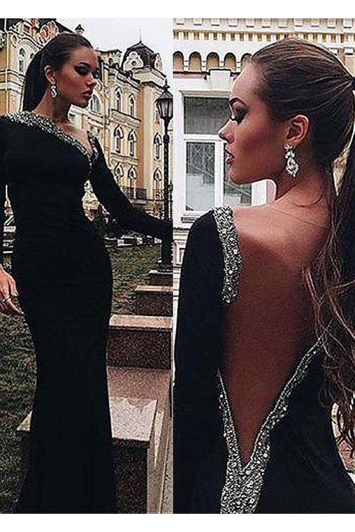 Mermaid Long Sleeves Beaded Long Prom Dresses Formal Evening Dresses 601341