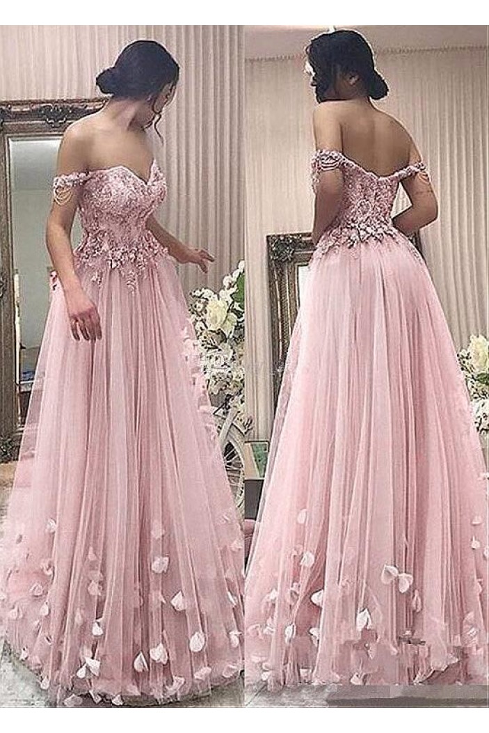 A-Line Off-the-Shoulder Beaded Lace Tulle Long Prom Dresses Formal Evening Dresses 601346