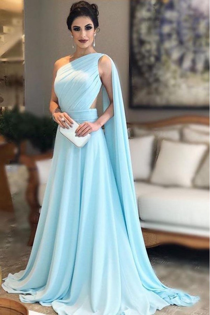A-Line One-Shoulder Long Prom Dresses Formal Evening Dresses 601355