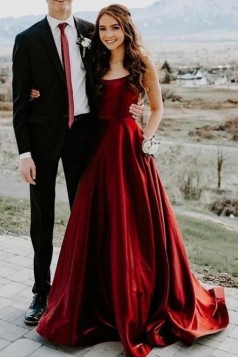 Elegant A-Line Satin Long Prom Dresses Evening Gowns with Pockets 601375