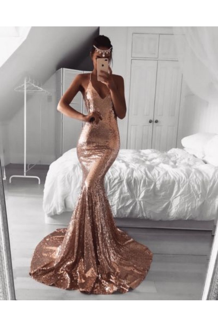 Mermaid Spaghetti Straps V-Neck Sequins Long Prom Dress Formal Evening Dresses 601402