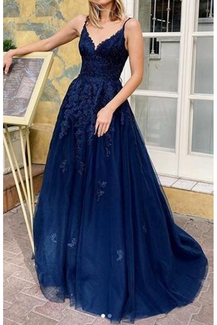 A-Line V-Neck Lace Appliques Long Prom Dress Formal Evening Dresses 601419