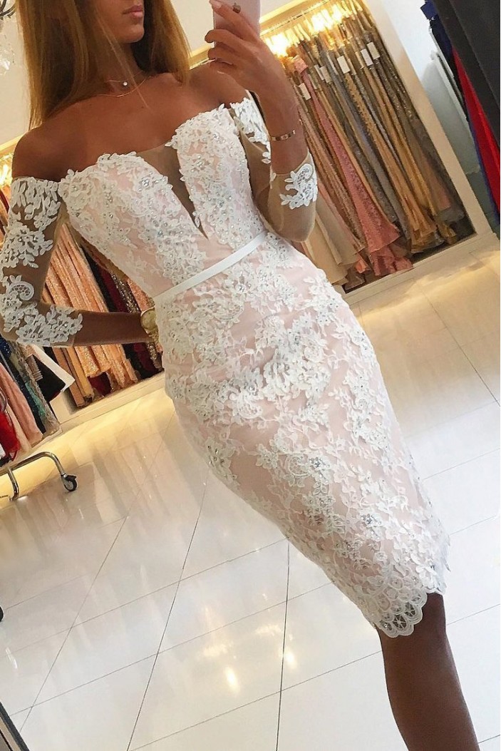 Elegant Off-the-Shoulder Short Lace Prom Dress Formal Evening Dresses 601423