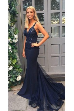 Mermaid V-Neck Long Navy Blue Prom Dress Formal Evening Dresses 601430