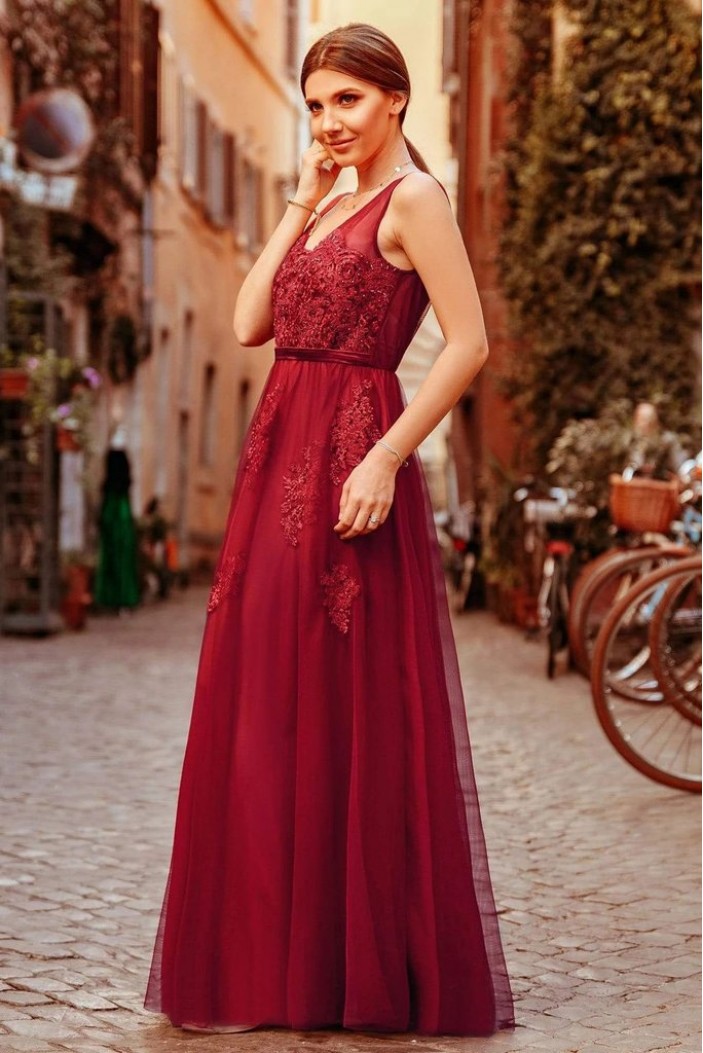 A-Line Lace V-Neck Long Prom Dress Formal Evening Dresses 601451