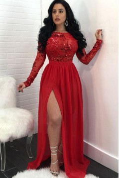 Long Sleeves Chiffon Lace Long Prom Dress Formal Evening Dresses 601455