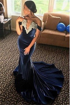 Mermaid Off-the-Shoulder V-Neck Long Sleeves Yellow Lace Prom Dress Formal Evening Dresses 601458