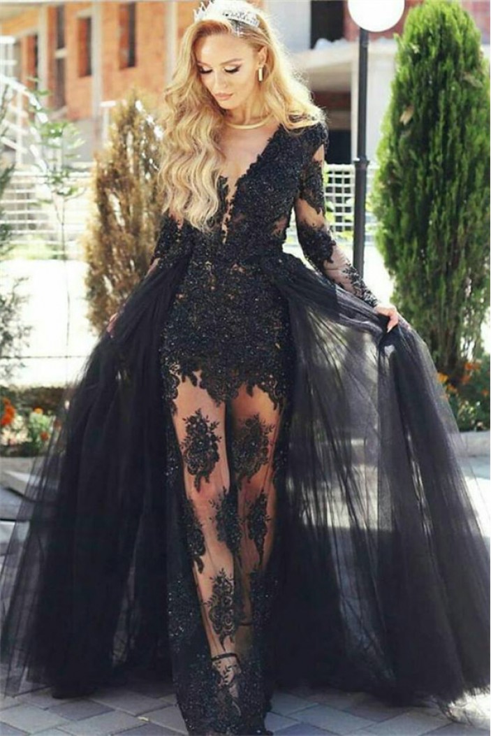 Lace and Tulle V-Neck Long Black Prom Dress Formal Evening Dresses 601463
