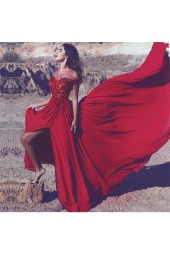 A-Line Off-the-Shoulder Lace Chiffon Long Red Prom Dress Formal Evening Dresses 601466