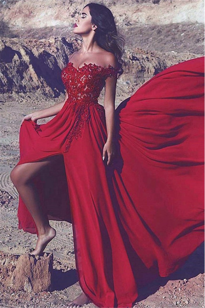 A-Line Off-the-Shoulder Lace Chiffon Long Red Prom Dress Formal Evening Dresses 601466