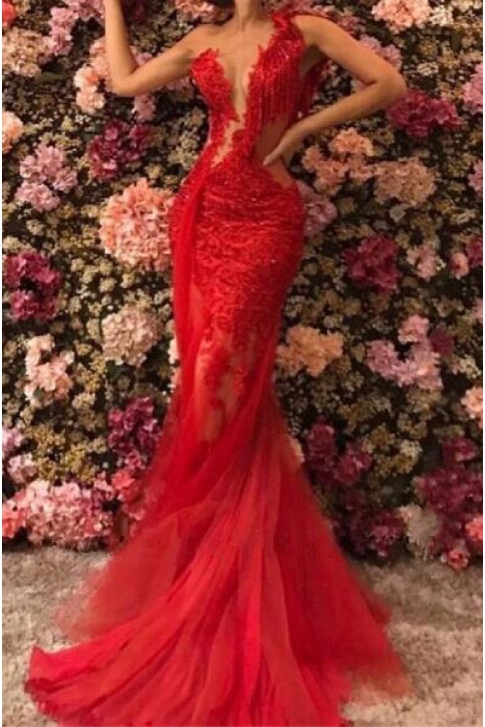 Mermaid Lace and Tulle Long Red Prom Dress Formal Evening Dresses 601471