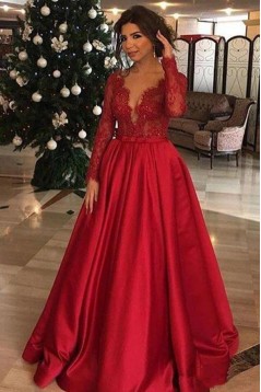 A-Line Long Sleeves V-Neck Lace Satin Red Prom Dress Formal Evening Dresses 601482