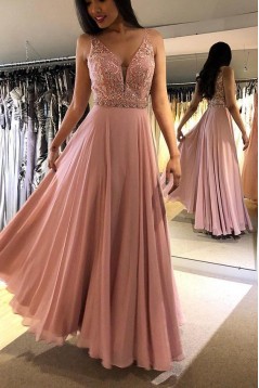 A-Line Beaded Lace Chiffon Long Prom Dress Formal Evening Dresses 601488