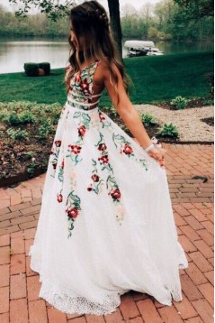 Elegant A-Line V-Neck Long Prom Dress Formal Evening Dresses 601491