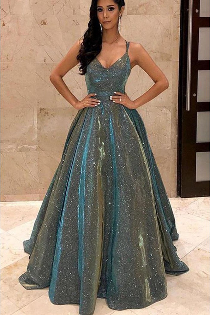 A-Line V-Neck Sparkling Long Prom Dress Formal Evening Dresses 601504