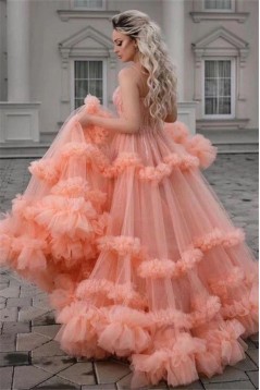 A-Line Beaded Tulle Long Prom Dress Formal Evening Dresses 601511