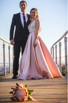 A-Line Beaded Satin V-Neck Long Prom Dress Formal Evening Dresses 601517