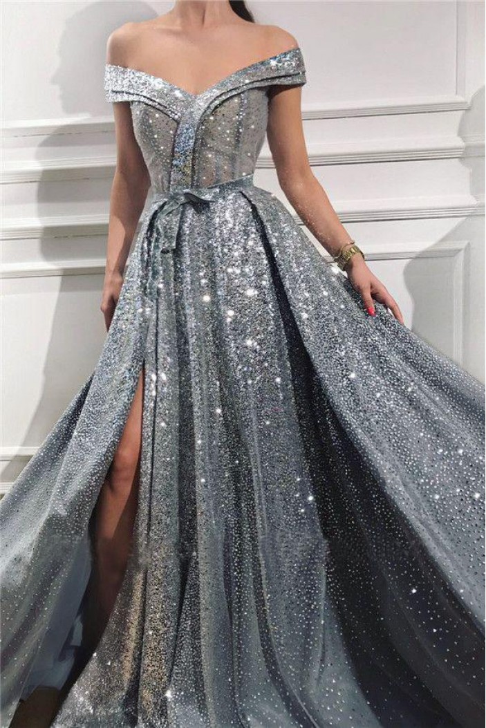 A-Line Off-the-Shoulder Sparkling Long Prom Dress Formal Evening Dresses 601536