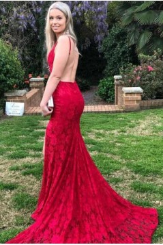 Mermaid Backless Lace V-Neck Long Prom Dress Formal Evening Dresses 601559