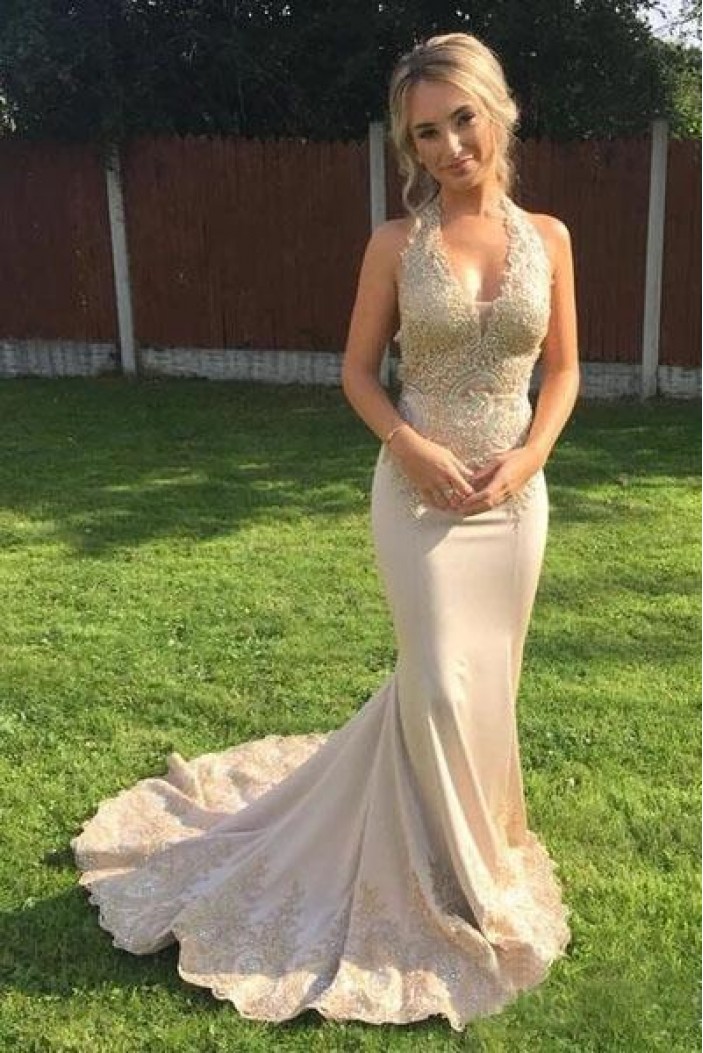 Mermaid Lace V-Neck Long Prom Dress Formal Evening Dresses 601593