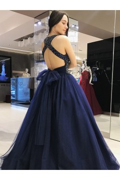 Ball Gown Beaded Long Navy Blue Prom Dress Formal Evening Dresses 601662